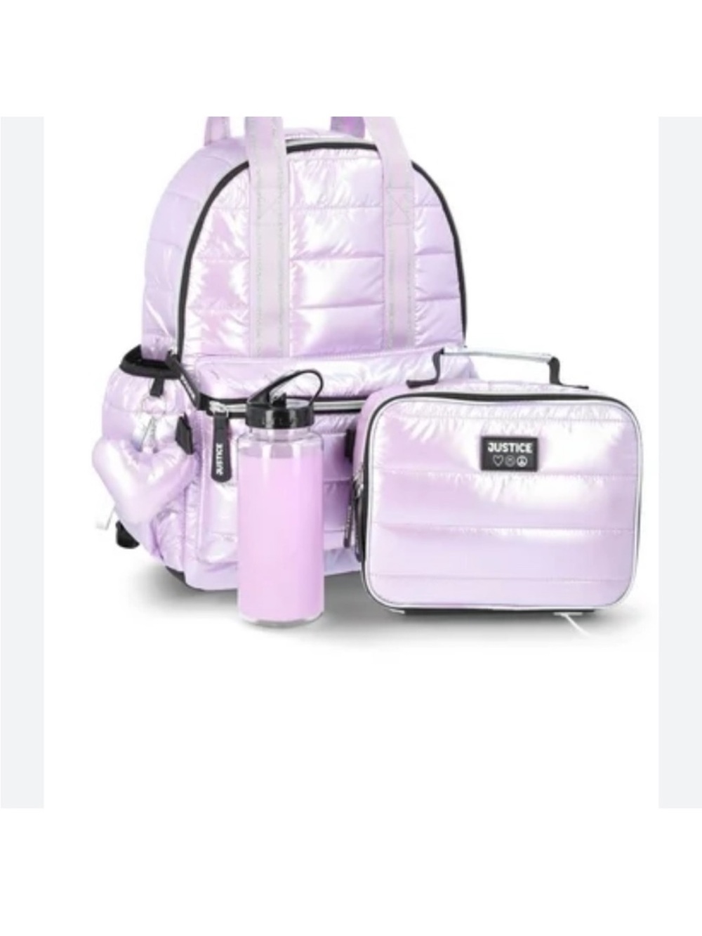 Justice Quilted Shimmer Iridescent Lavender Backpack Set W/ Lunch Bag&Bottle NWT - Picture 16 of 16